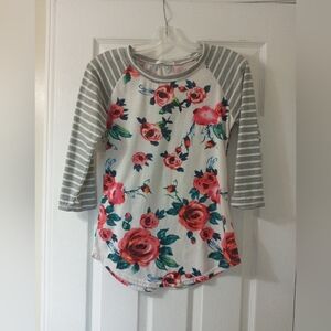 White Floral Shirt With Grey Striped 3/4 Length Sleeves